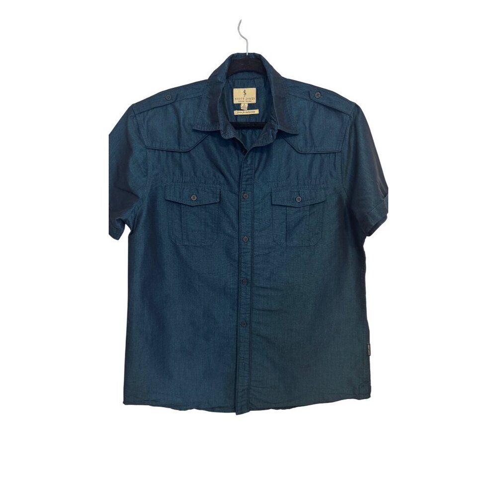 Scott James Large Mens Short Sleeve Denim Blue Button-Up Shirt Western